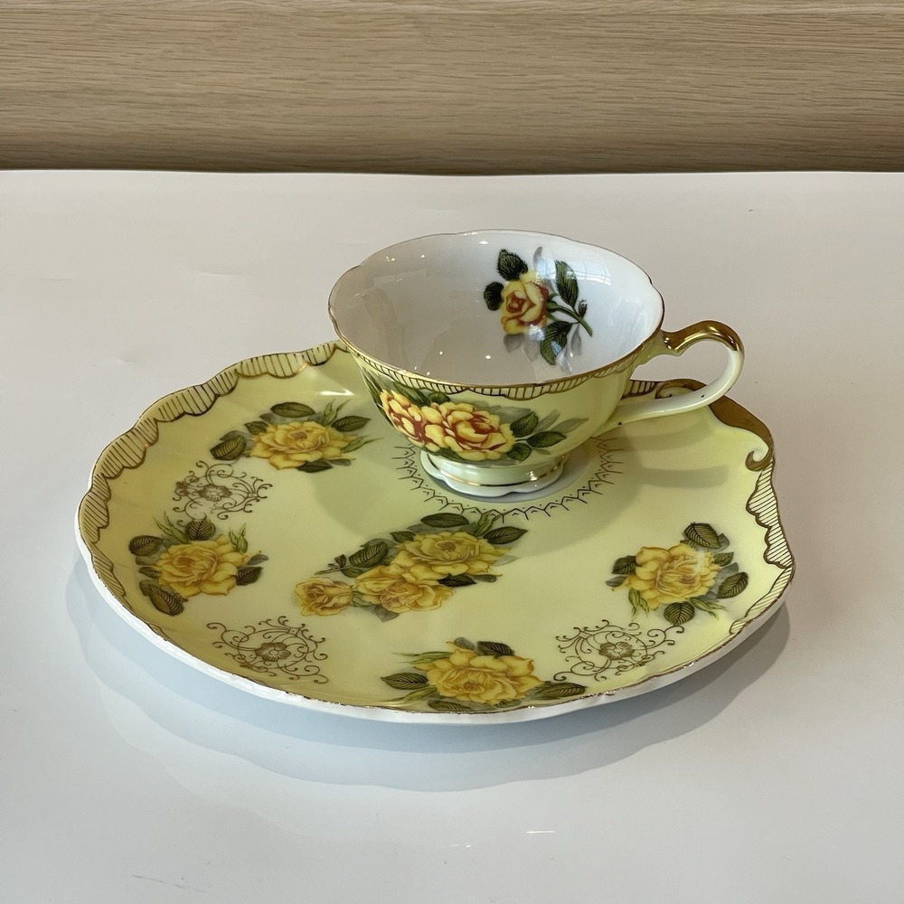 Vintage Lefton China Yellow Rose‎ Snack Set 2759B Teacup Asymmetric Plate 1950s